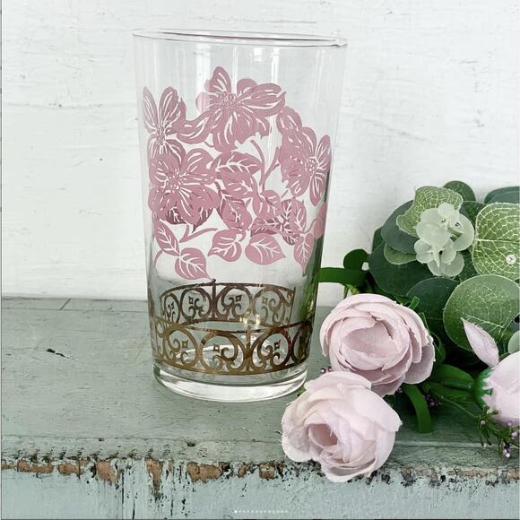 Vintage Federal Glass Tumbler Pink Dogwood Flower MCM Glassware Valentine SET 6 - Picture 1 of 10